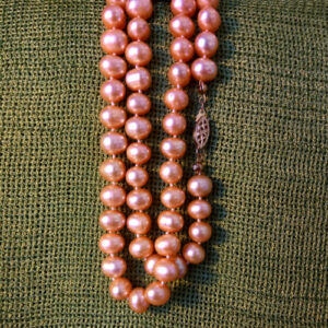 Creamy natural peach color freshwater pearls 18″ long